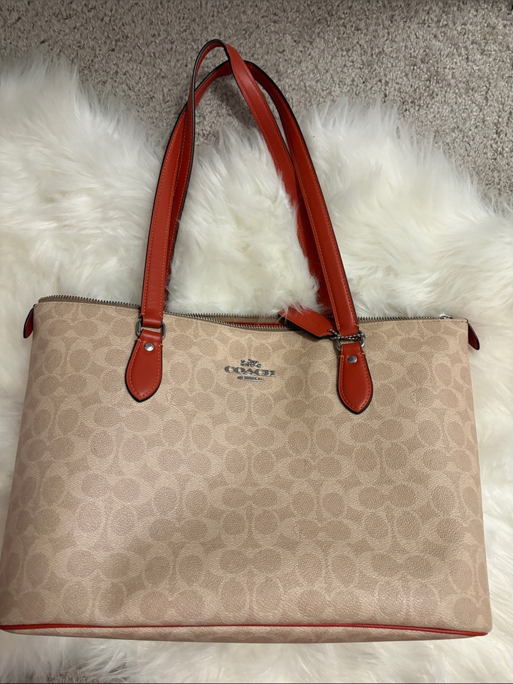 Coach Beige Signature Canvas Tote with Red Leather Handles